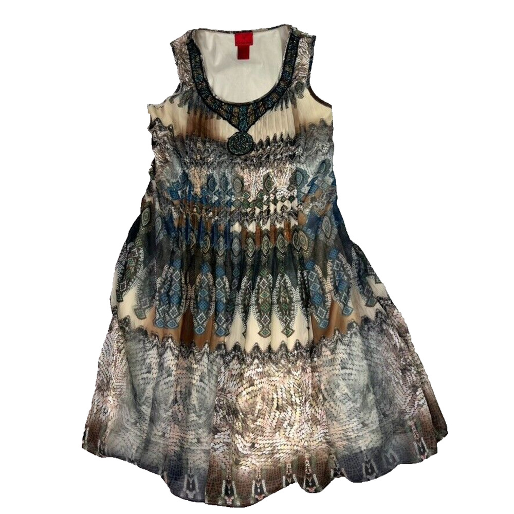 V Christina Dress M Y2K Embellished Scoop Neck Printed Midi Chiffon Witchy Gypsy